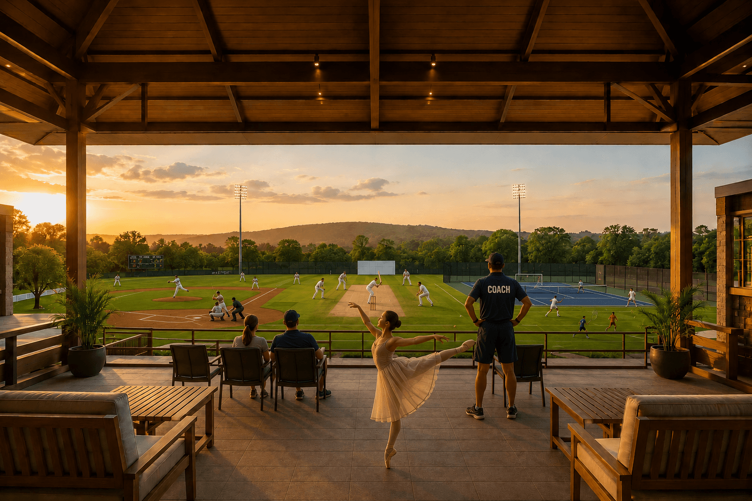 View from a sports club pavilion terrace at sunset overlooking cricket, baseball and tennis courts